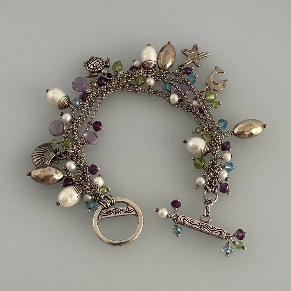 Silver 925 sterling Charm Bracelet with Pearls and Gemstones amethyst Citrine